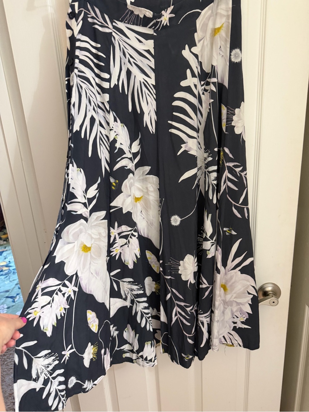H&M Anna Glover Gray botanical skirt with White Floral Print and Yellow Accents